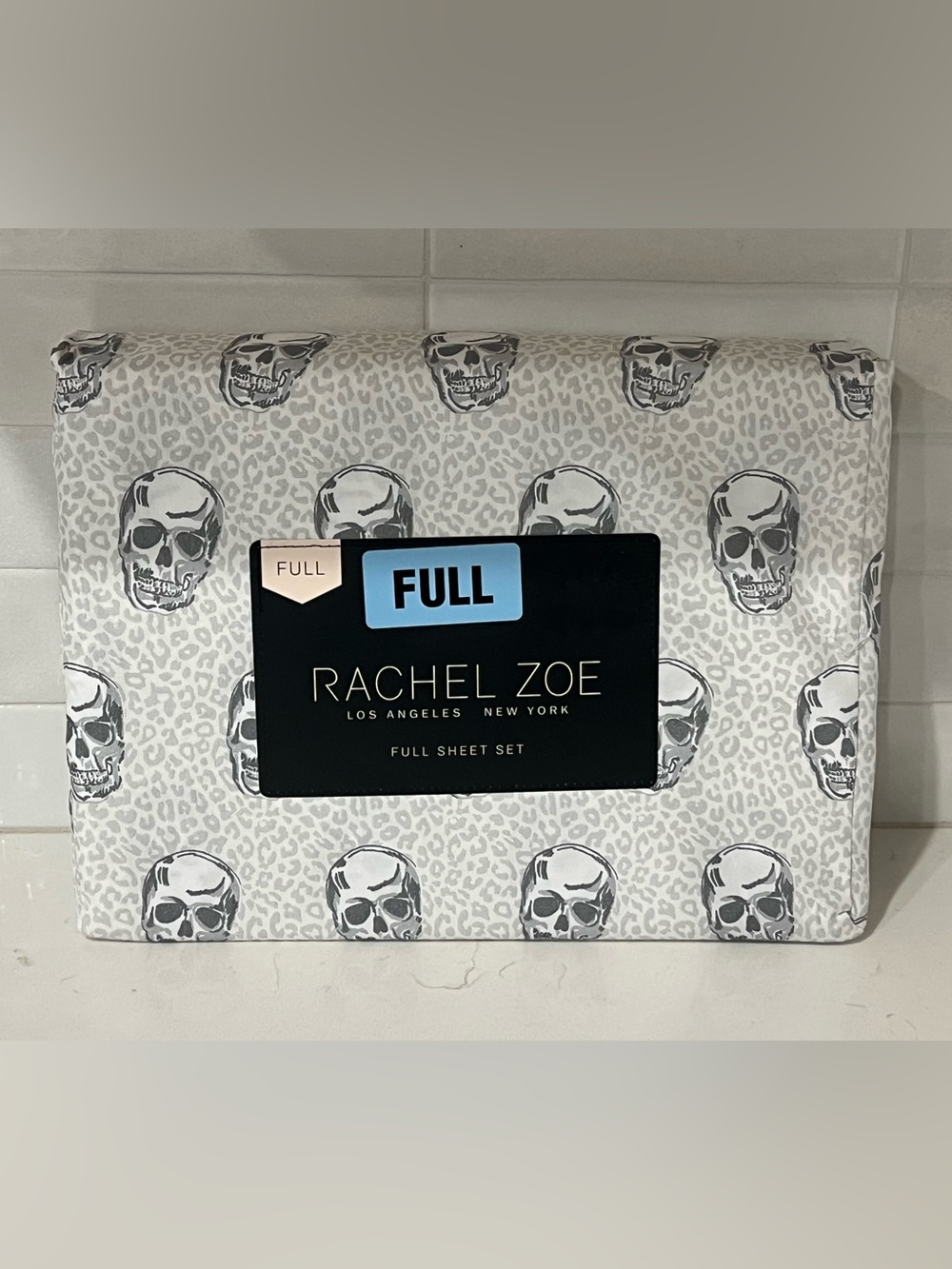 RACHEL ZOE White Gray FULL Sheet Set 4pc New Cheetah Leopard Skulls Halloween